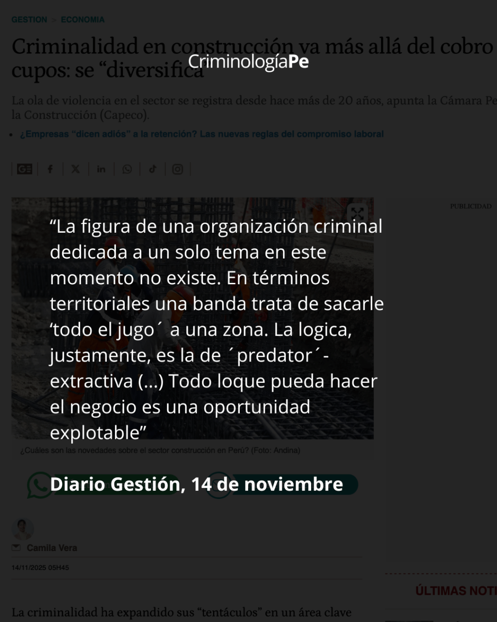 [Diario Gestión] Criminalidad en la construcción va mas allá del cobro de&nbsp;cupos