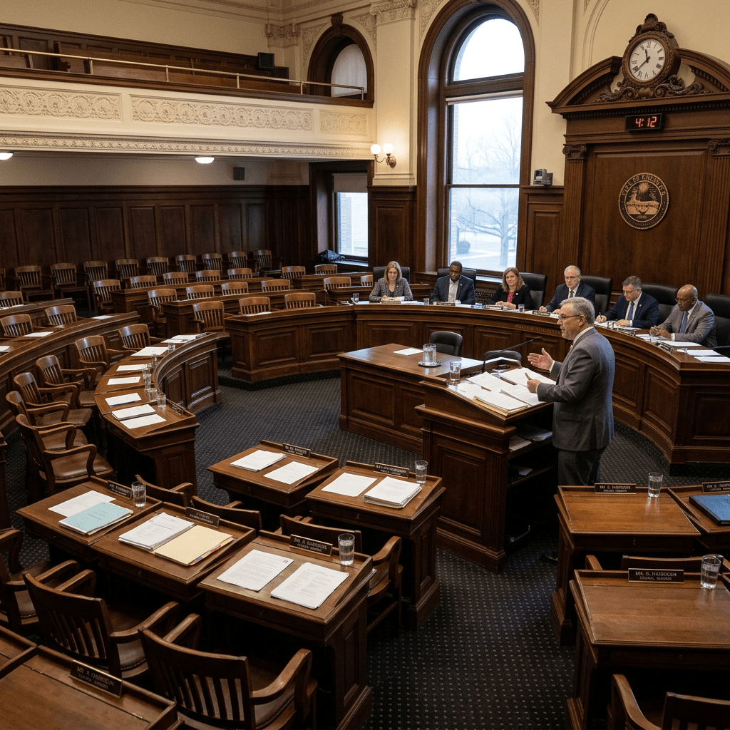 Man speaking at podium to seated city council members in historic chamber
