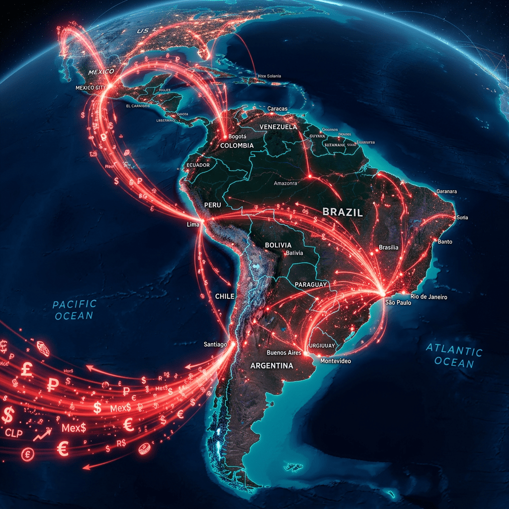 Map showing digital currency transaction flows between South American cities and Mexico, highlighted with glowing red lines and currency symbols.