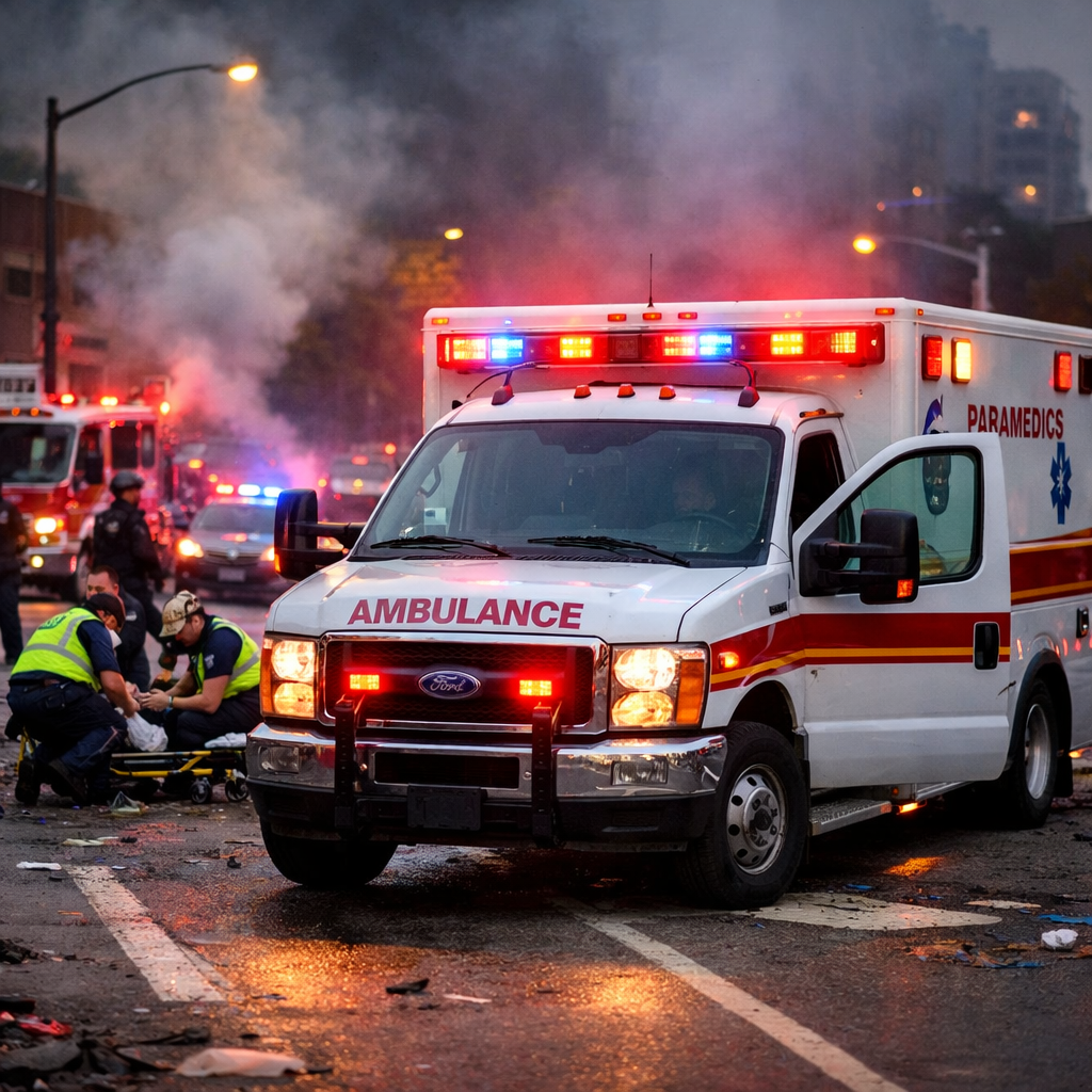 Ambulance with flashing lights at emergency scene with paramedics assisting patient