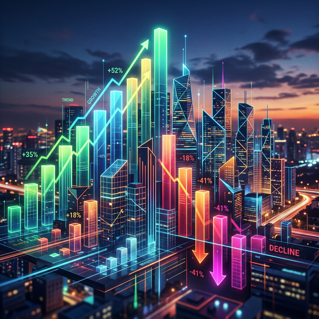 3D cityscape with integrated colorful bar graphs illustrating financial growth and decline percentages