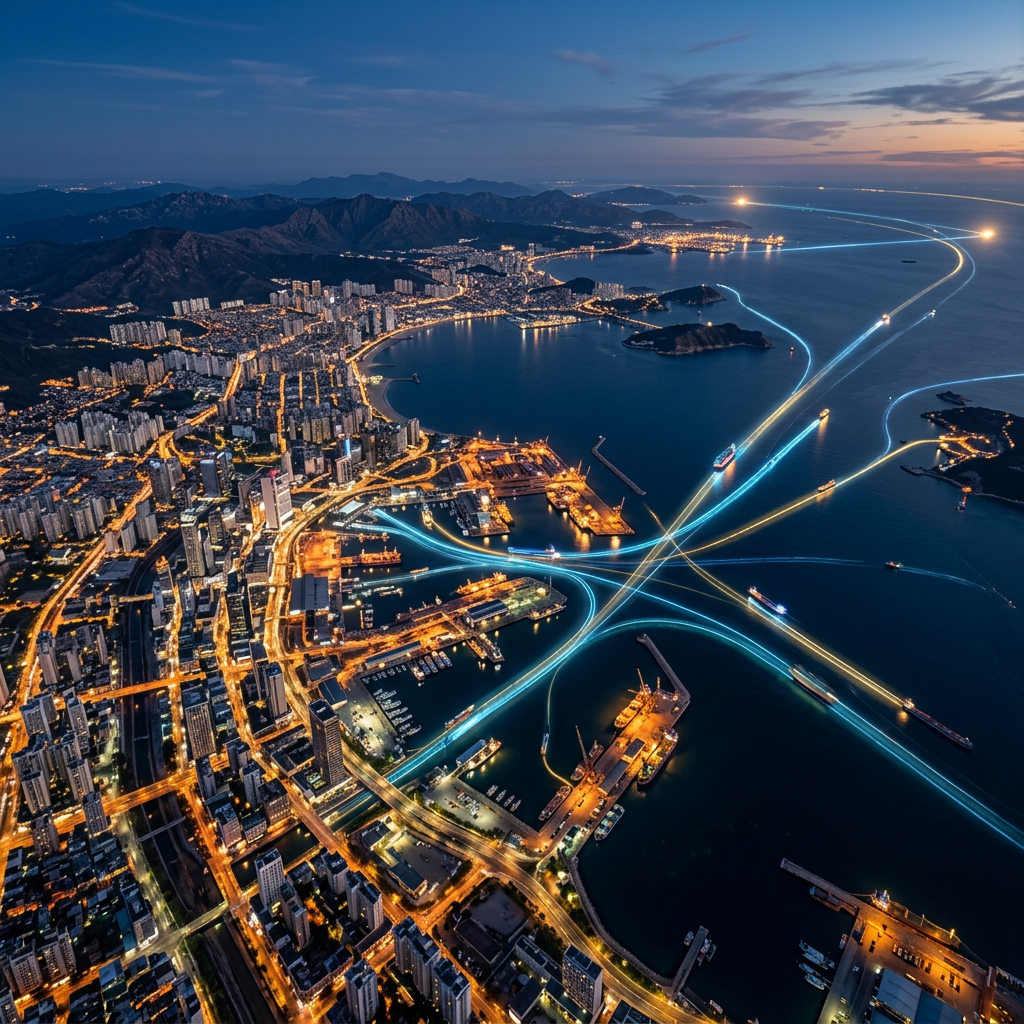 A coastal city at night with bright city lights and multiple illuminated shipping routes in the harbor.