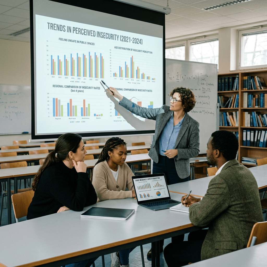 Teacher pointing at charts showing insecurity trends while students listen and take notes