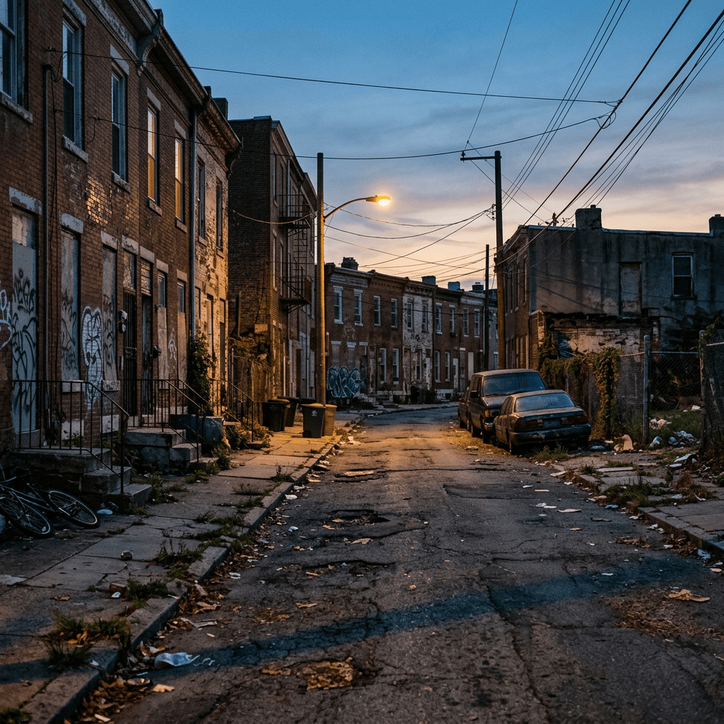 Quiet neglected urban neighborhood at dusk