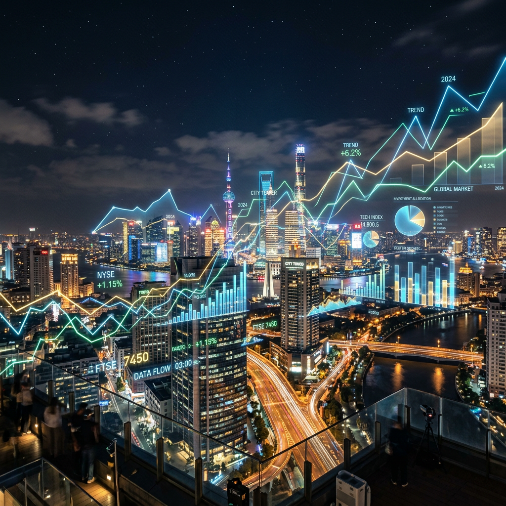 City skyline at night with financial graphs and charts overlay