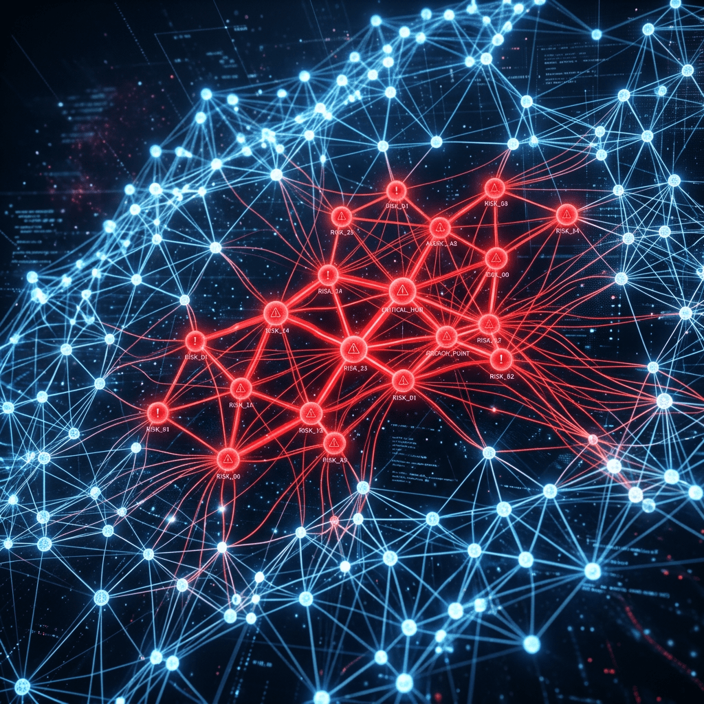 Interconnected nodes network with red risk nodes