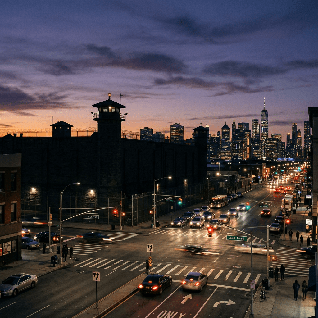 City intersection with cars, people, and a large prison building under a purple and orange dusk sky with city skyline