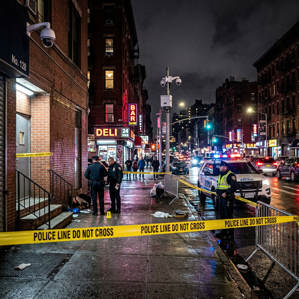 City sidewalk cordoned off with police tape and officers investigating at night