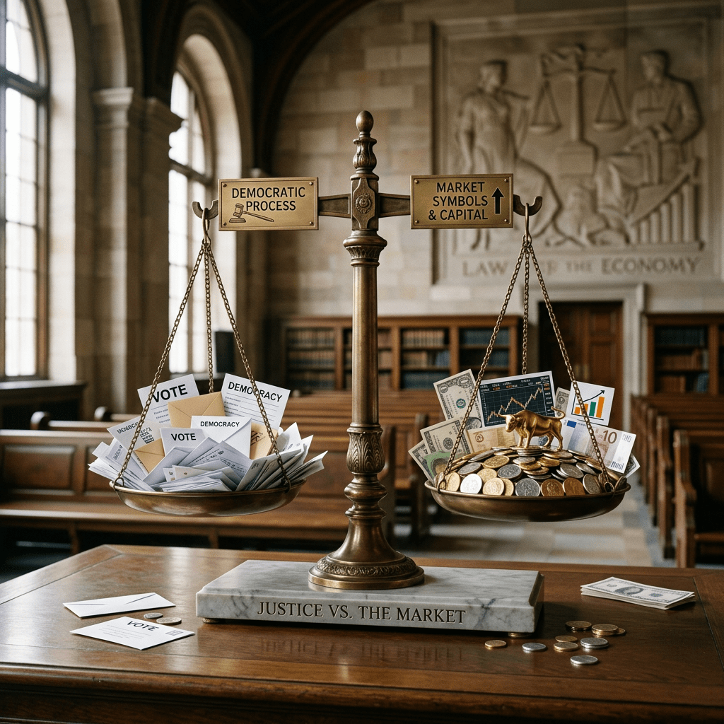 Balance scale with votes and democracy papers on one side and money, coins, bull figurine on the other