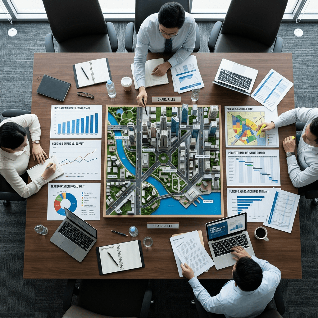 Group of professionals reviewing city model and urban planning charts at conference table