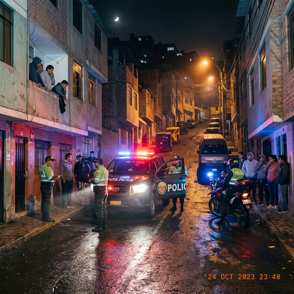 Police car and motorcycle with flashing lights on wet street, officers and bystanders present