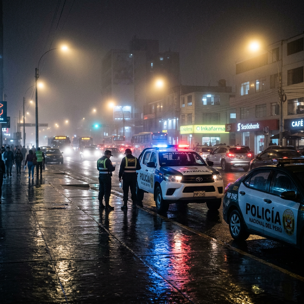 Two police officers standing on wet sidewalk near patrol cars under streetlights at night