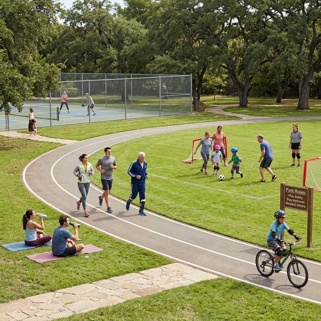 People jogging on a track, children playing soccer, and others playing pickleball in a park