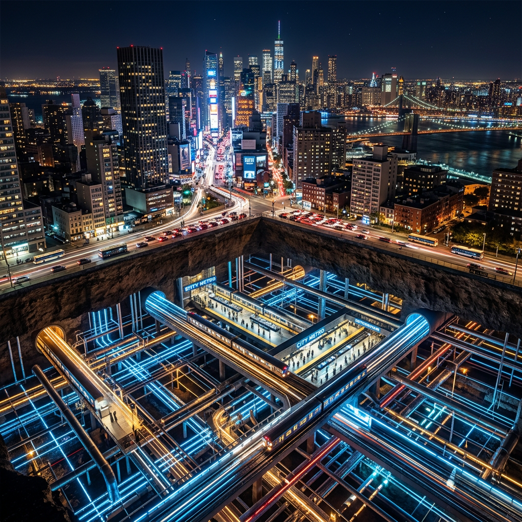 City skyline at night with illuminated underground metro system and trains