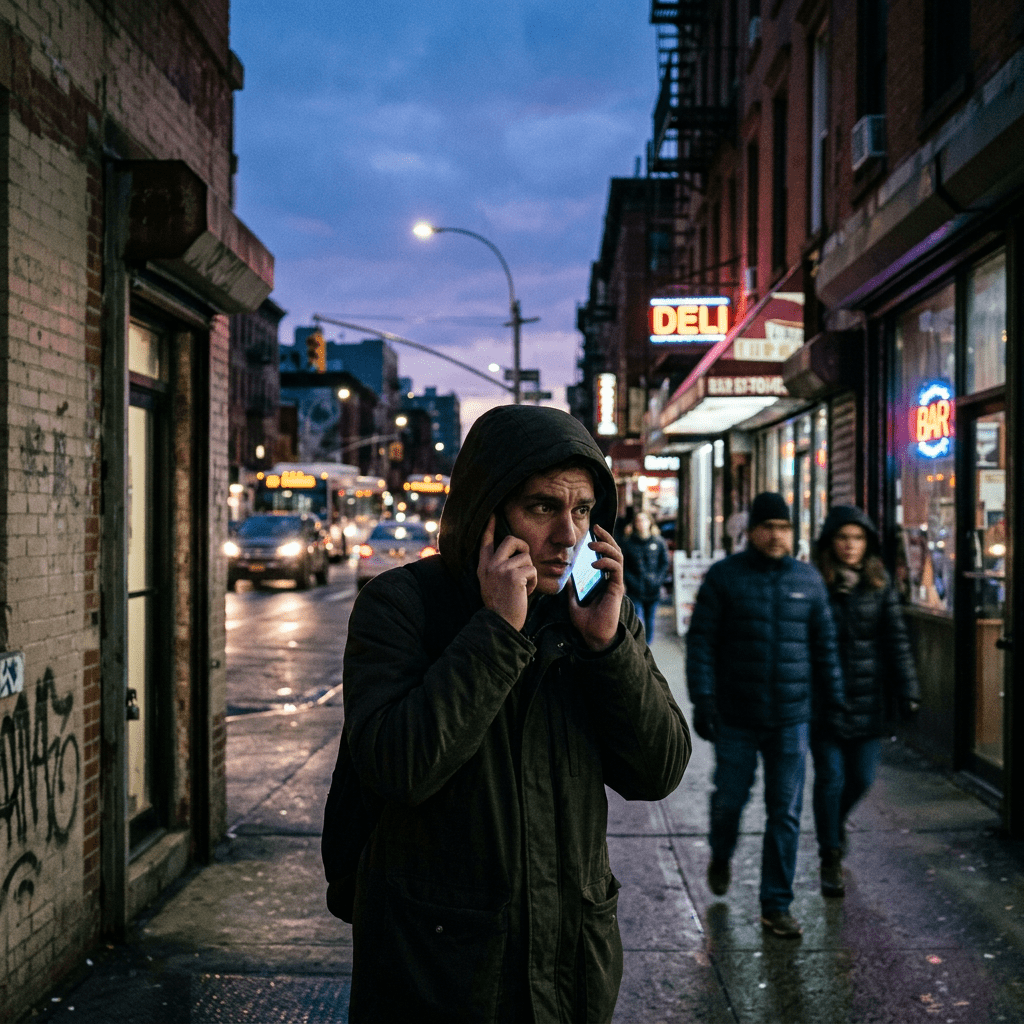 Man wearing a hooded jacket using a smartphone on a wet city street at dusk