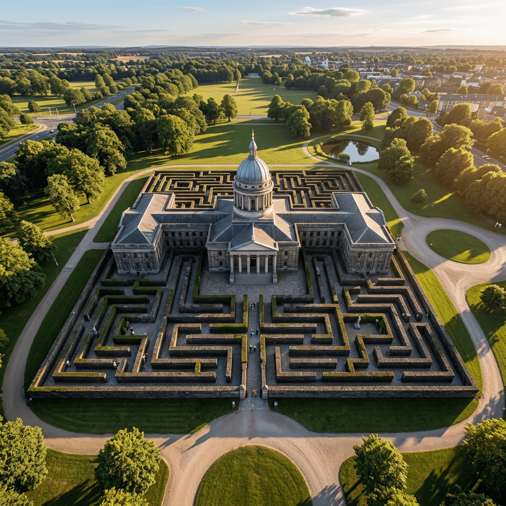 Historic building with classical dome surrounded by a hedge maze and park
