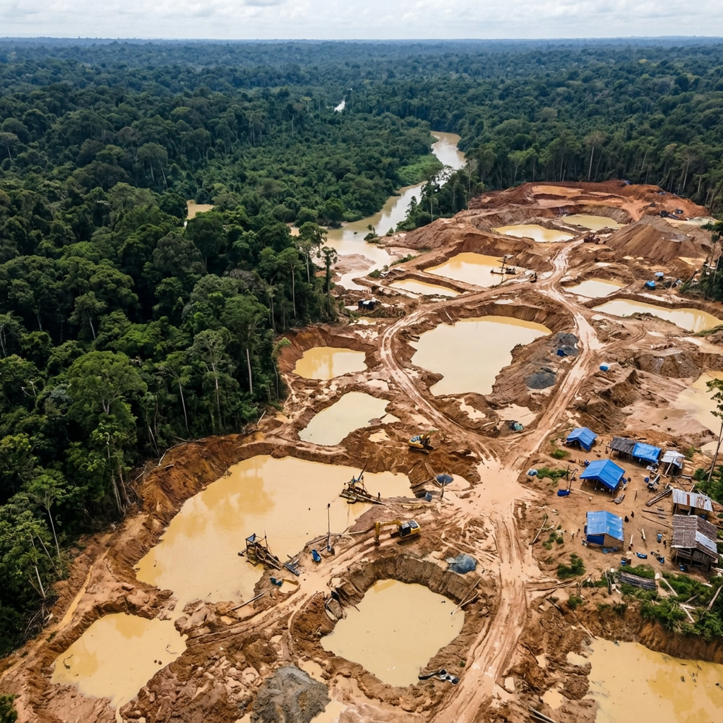 Open mining pits with muddy water next to dense green rainforest and a river